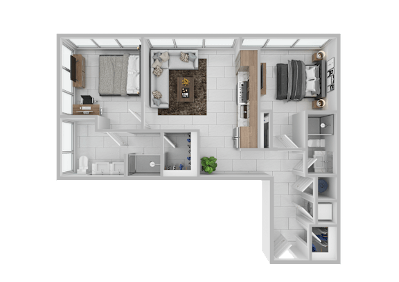 A 3D floor plan of a small apartment with a kitchen, living room, and bathroom.