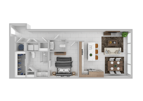 A 3D rendered image of a modern kitchen and living room.