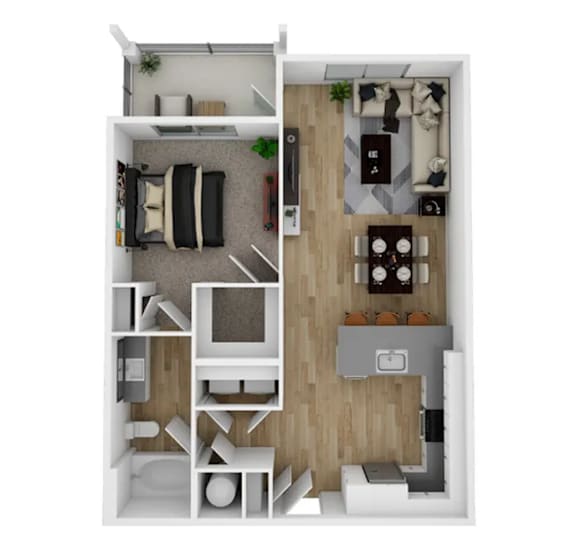 A top-down view of a small apartment with a living room, kitchen, and bathroom.