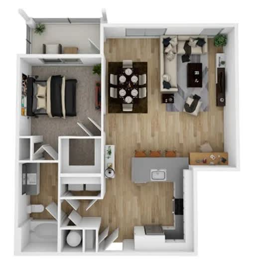 A top-down view of a small apartment with a living room, kitchen, and bedroom.