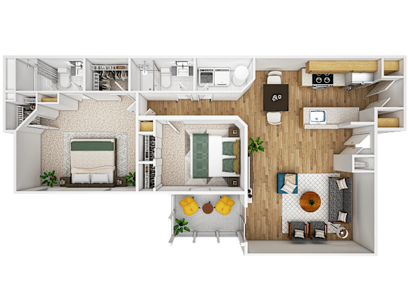 A top-down view of a house layout with a living room, kitchen, and bathroom.