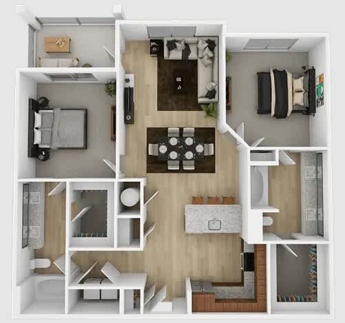 A top-down view of a small apartment with a kitchen, living room, and bedroom.