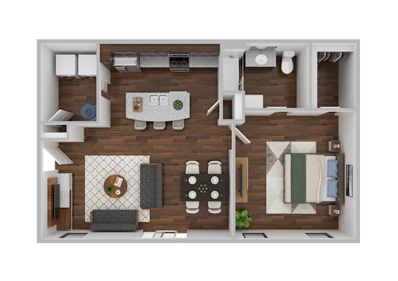 A top-down view of a small apartment with a kitchen, living room, and bathroom.