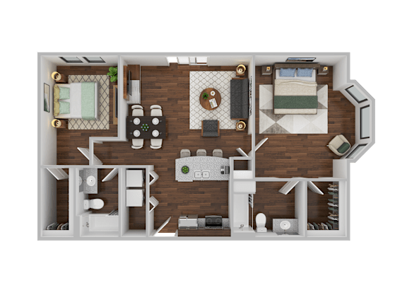 A top-down view of a room layout with furniture and decor.
