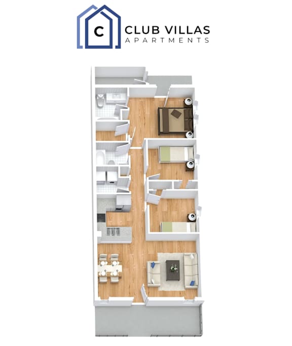 Floor Plan  3 bed 2 bath Floorplan at Club Villas Apartments, Georgia