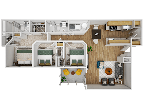 A detailed floor plan of a small apartment with a kitchen, living room, and bedroom.