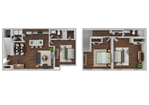 Two images of a room layout with a bed, desk, and kitchen area.