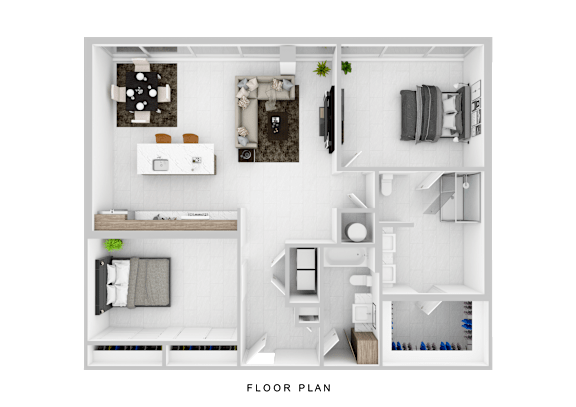 A floor plan of a small apartment with a kitchen, living room, and bathroom.