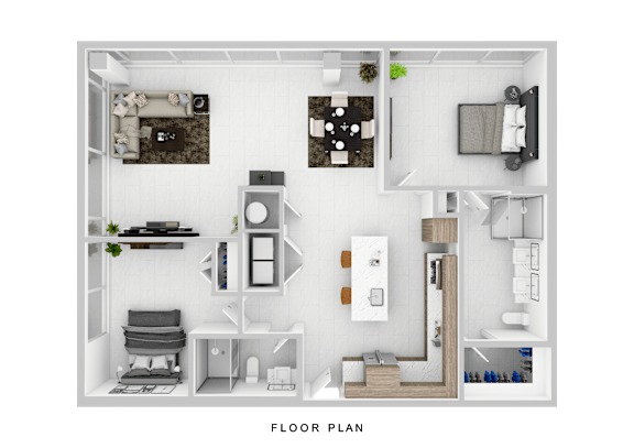 A floor plan of a small apartment with a living room, kitchen, and bedroom.