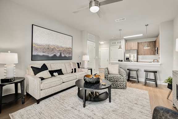 Living Area With Ceiling Fan at The Ashton at East Park Apartments, Georgia, 30144