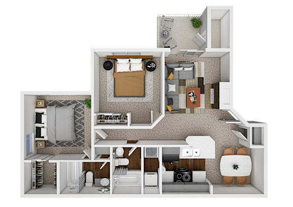 A 3D floor plan of a small apartment with a living room, kitchen, and two bedrooms.
