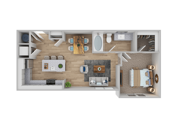 Floor Plan  A top-down view of a well-organized living room, kitchen, and dining area.
