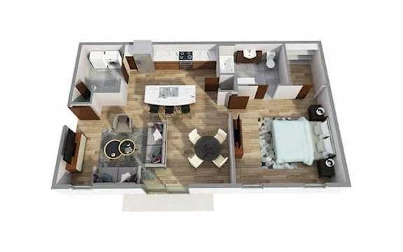 A 3D floor plan of a house with a kitchen, living room, and two bedrooms.