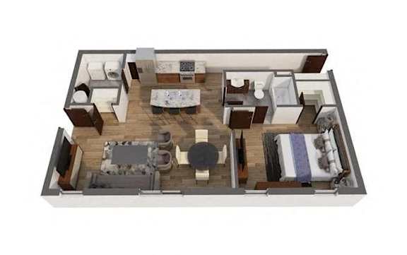 A 3D floor plan of a house with a kitchen, living room, and bedrooms.