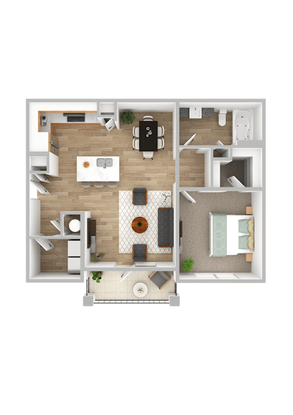 A top-down view of a modern apartment layout.