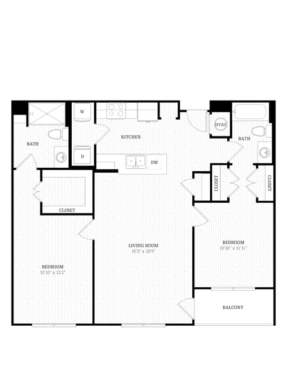 The Fusion 2 Bedroom 2 Bathroom Floorplan at Union Eleven Apartments, Georgia 30324