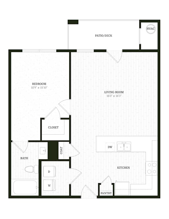 Onyx One Bedroom One Bathroom Floorplan at The SoHo Luxury Apartments, Raleigh