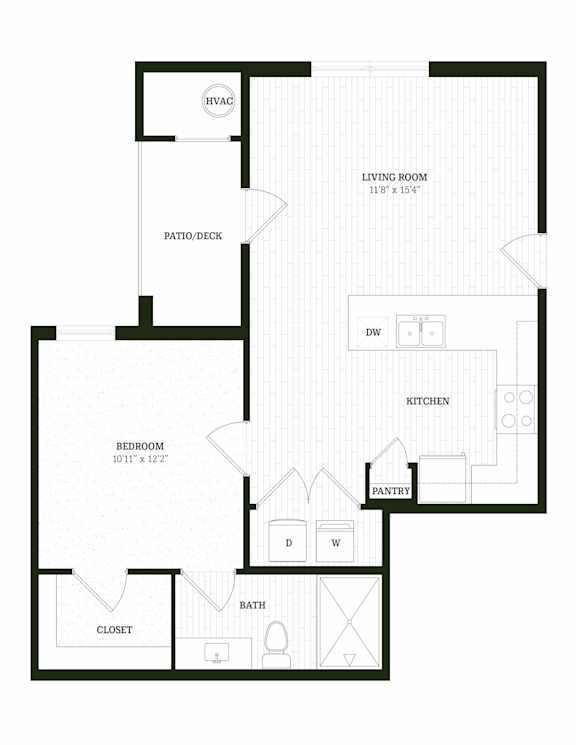 Obsidian One Bedroom One Bathroom Floorplan at The SoHo Luxury Apartments, North Carolina 27603