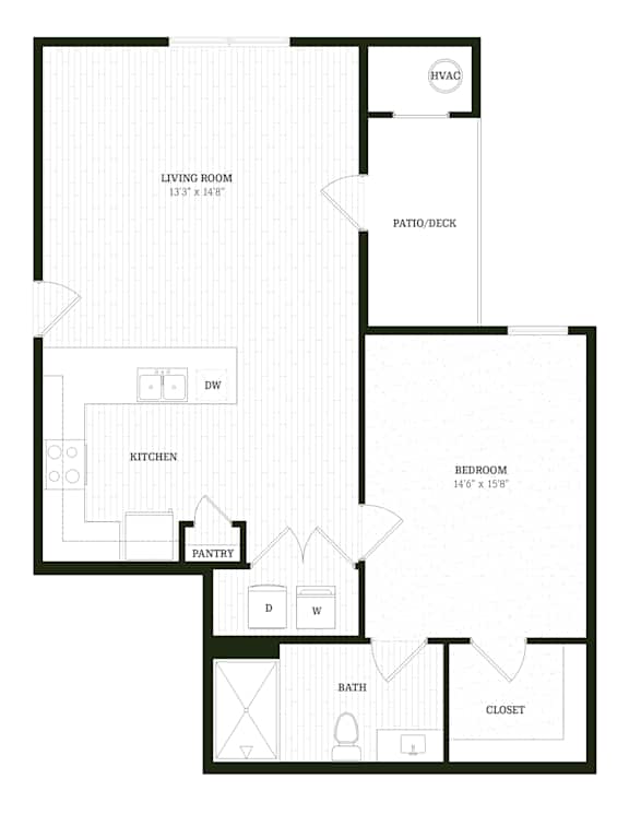 Amethyst One Bedroom One Bathroom Floorplan at The SoHo Luxury Apartments, Raleigh, NC 27603