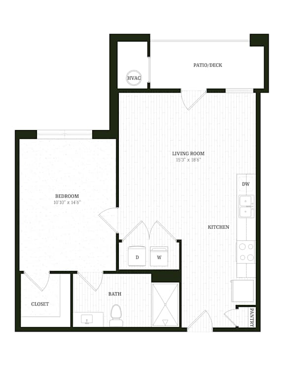 Opal One Bedroom One Bathroom Floorplan at The SoHo Luxury Apartments, Raleigh, NC