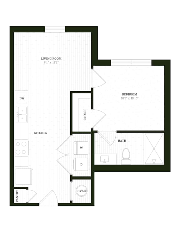 Quartz One Bedroom One Bathroom Floorplan at The SoHo Luxury Apartments, Raleigh, 27603