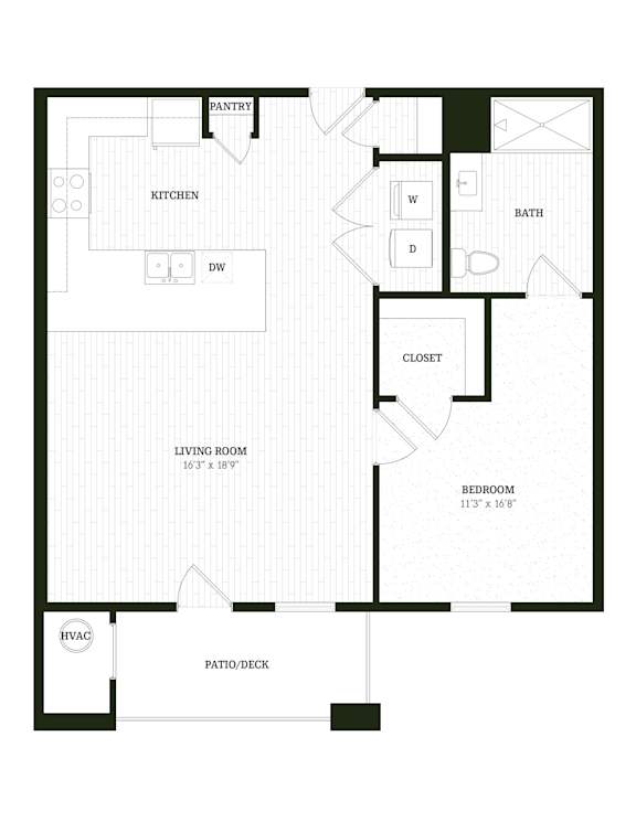 Pearl One Bedroom One Bathroom Floorplan at The SoHo Luxury Apartments, Raleigh, North Carolina