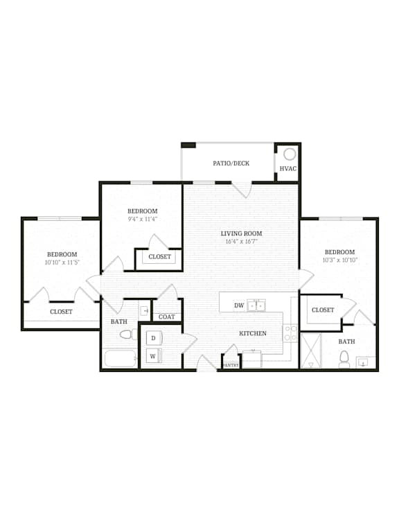 Emerald Three Bedroom Two Bathroom Floorplan at The SoHo Luxury Apartments, North Carolina 27603