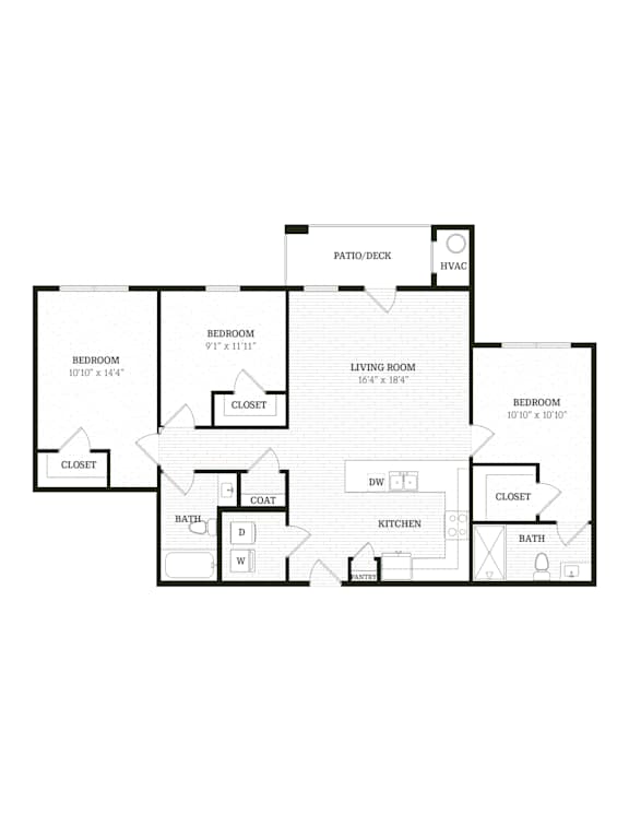 Topaz Three Bedroom Two Bathroom Floorplan at The SoHo Luxury Apartments, Raleigh, NC 27603