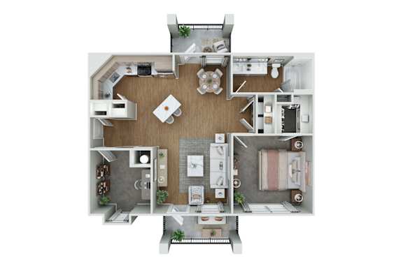 A 3D floor plan of a house with a kitchen, living room, and bathrooms.
