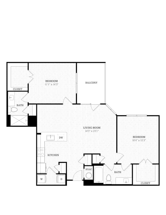 The Ascend 2D 2 Bedroom 2 Bathroom Floorplan at Union Eleven Apartments, Georgia
