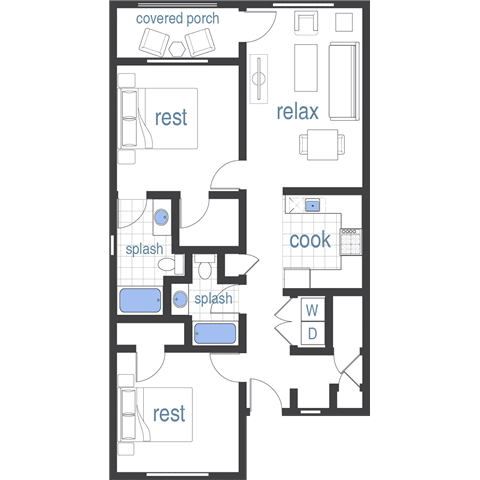 A floor plan of a house with a kitchen, two bathrooms, and a covered porch.