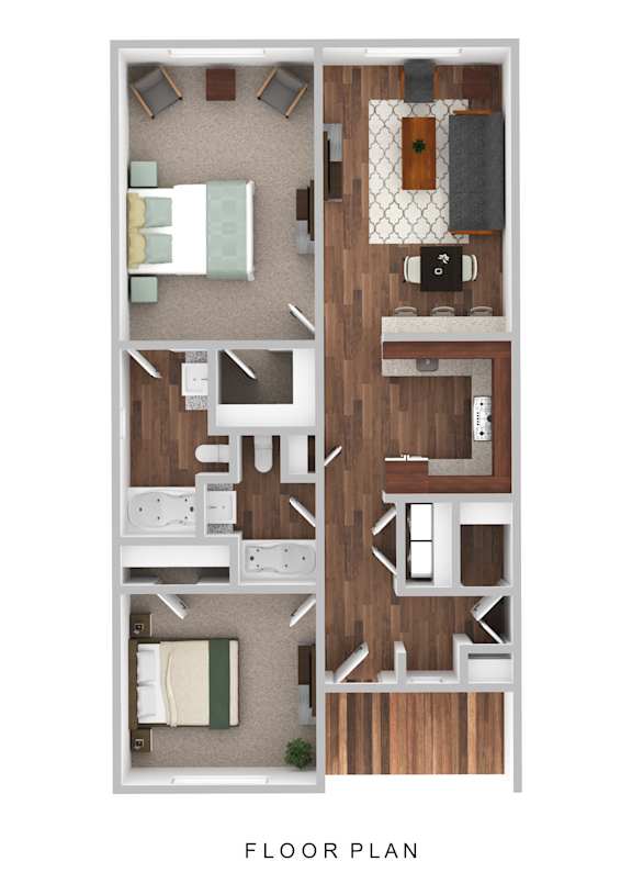 A floor plan of a two-bedroom apartment with a living room, kitchen, and bathroom.