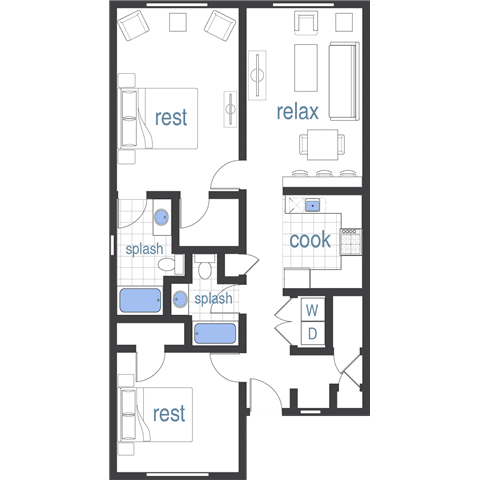 A floor plan of a house with labeled rooms such as "rest", "relax", and "cook".