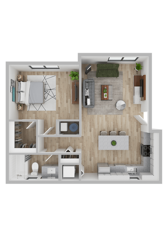 A top-down view of a modern apartment layout with a kitchen, living room, and bedroom.