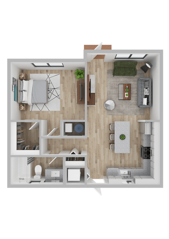 A top-down view of a modern apartment layout with a living room, kitchen, and bedrooms.