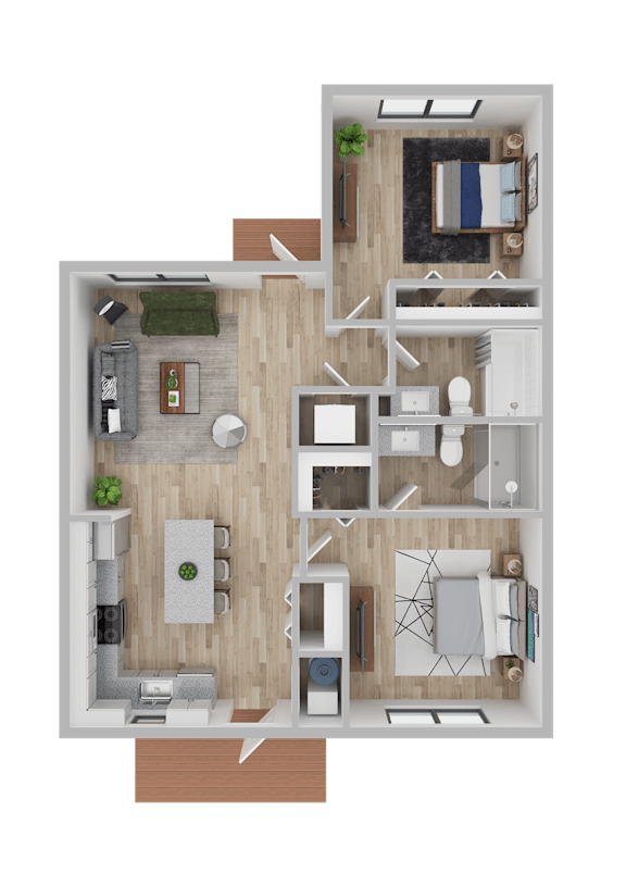 A top-down view of a small apartment with a kitchen, living room, and bathroom.