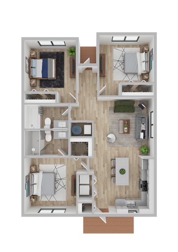 A top-down view of a house layout with multiple rooms and furniture.