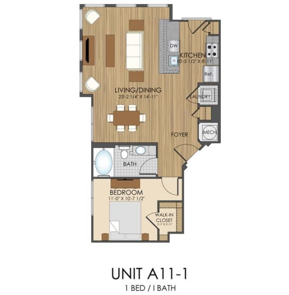 1 bed 1 bath A11 Floor Plan at Hidden Creek, Maryland