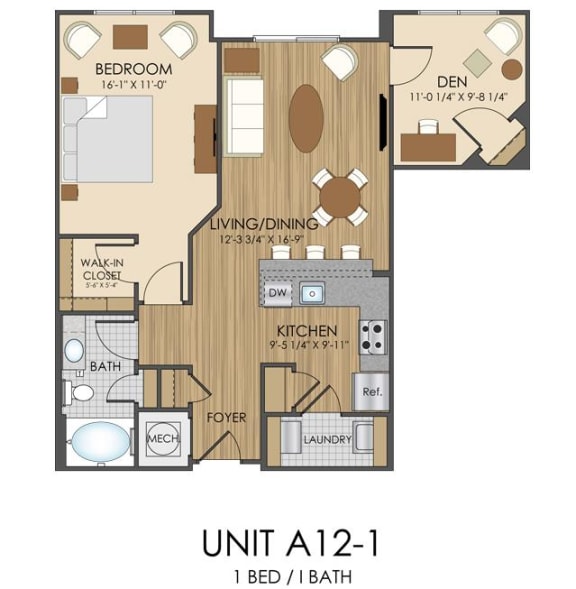 1 bed 1 bath A12 Floor Plan at Hidden Creek, Gaithersburg, Maryland