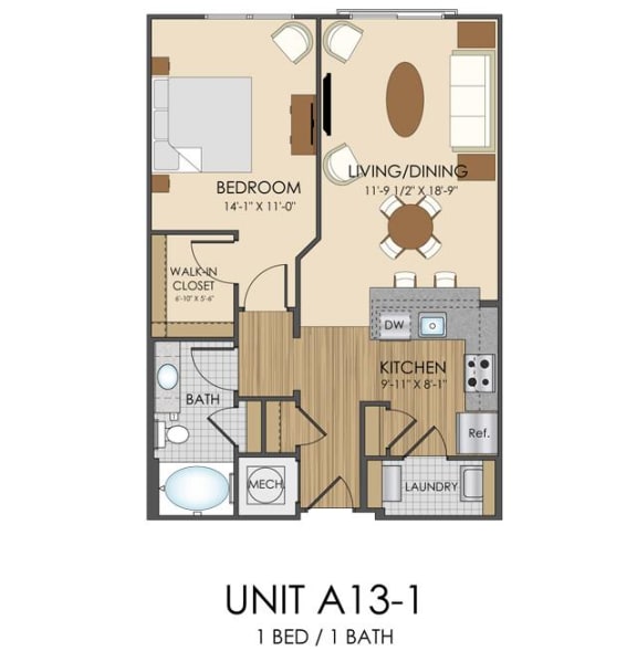 1 bed 1 bath A13 Floor Plan at Hidden Creek, Gaithersburg, MD