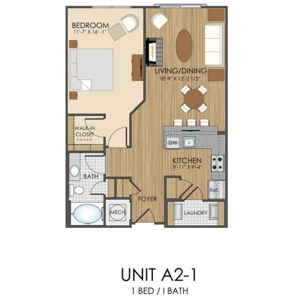 1 bed 1 bath A2 Floor Plan at Hidden Creek, Gaithersburg, MD