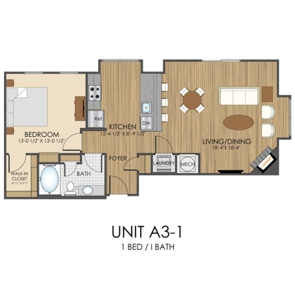 1 bed 1 bath A3 Floor Plan at Hidden Creek, Gaithersburg, 20877