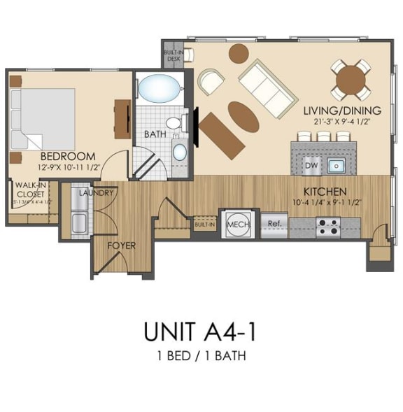 1 bed 1 bath A4 Floor Plan at Hidden Creek, Gaithersburg, MD, 20877