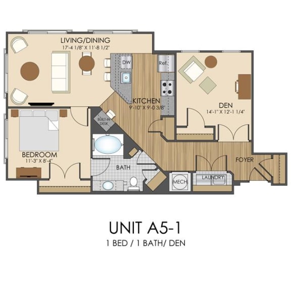 1 bed 1 bath A5 Floor Plan at Hidden Creek, Gaithersburg, Maryland