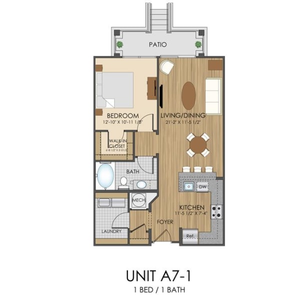 1 bed 1 bath A7 Floor Plan at Hidden Creek, Gaithersburg, MD, 20877