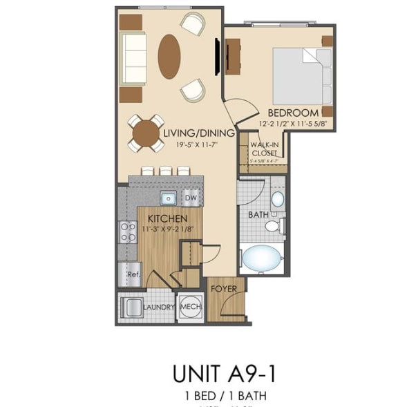 1 bed 1 bath A9 Floor Plan at Hidden Creek, Maryland, 20877