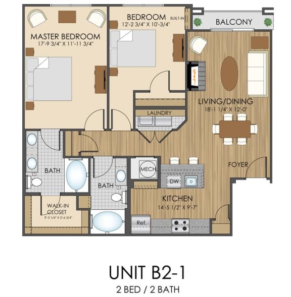 2 bed 2 bath B2 Floor Plan at Hidden Creek, Gaithersburg, 20877
