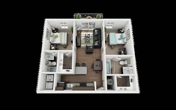 A detailed floor plan of a small apartment with a kitchen, living room, and two bedrooms.
