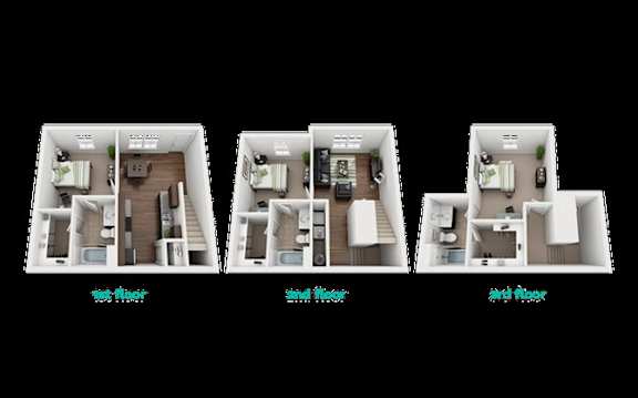 Three images of a room layout with the first image labeled as basement floor, the second as second floor, and the third as third floor.
