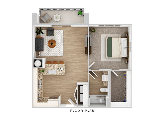 A floor plan of a small apartment with a living room, kitchen, and bathroom.